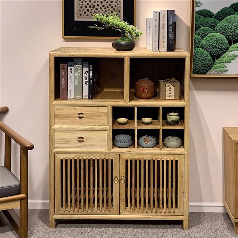 博古架实木中式茶柜茶叶柜胡桃木茶室置物柜老榆木置X物架茶边柜