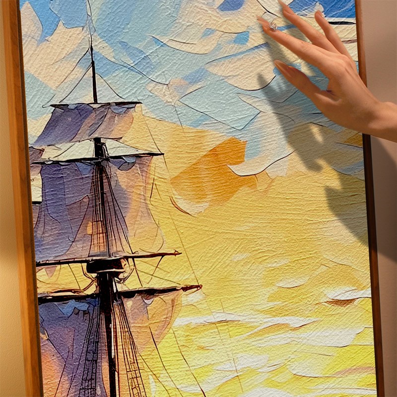 乘风破浪立体肌理砂岩装饰画有框背景墙客厅彩色奶油风油画挂画图片