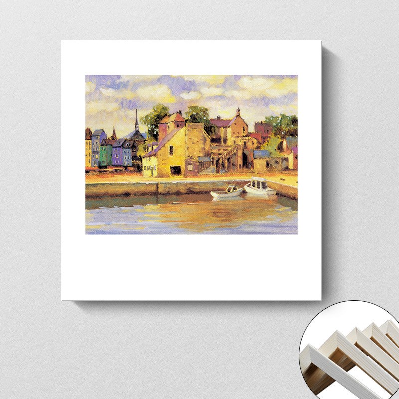 现代简约装饰画欧式建筑湖面小船风景油画轻奢装饰画玄关客厅挂画图片