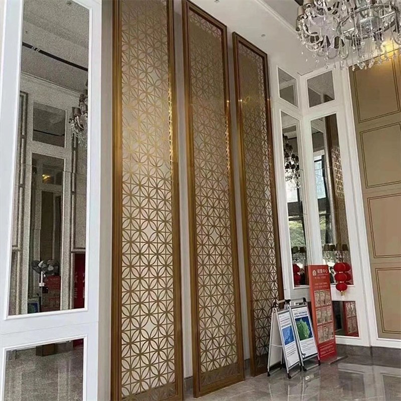 新中式不锈钢屏风隔断金属镂空铝雕花格玄关酒店会所夹丝玻璃屏风