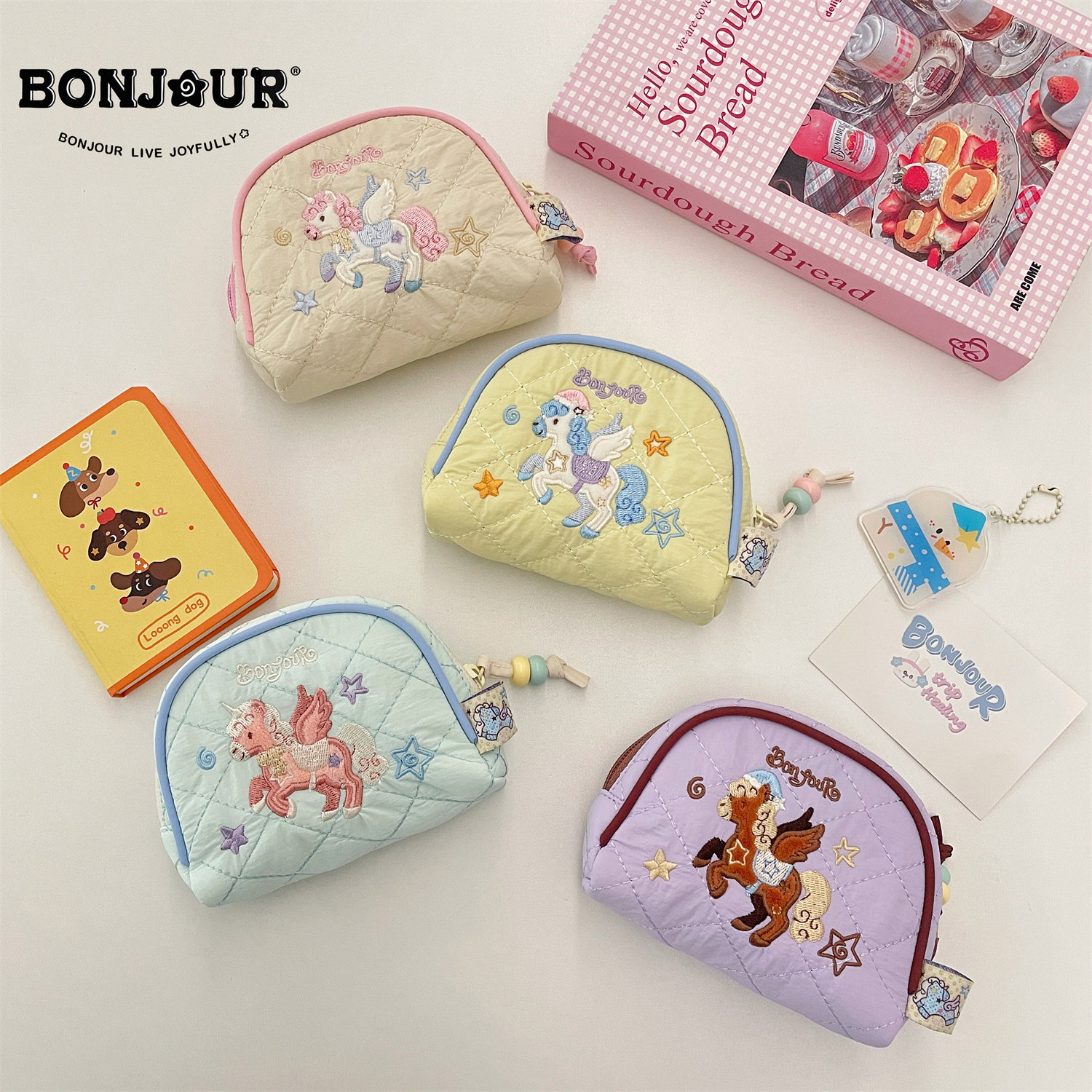 Bonjour原创刺绣小马卡包可爱少女短款零钱包口红耳机收纳包