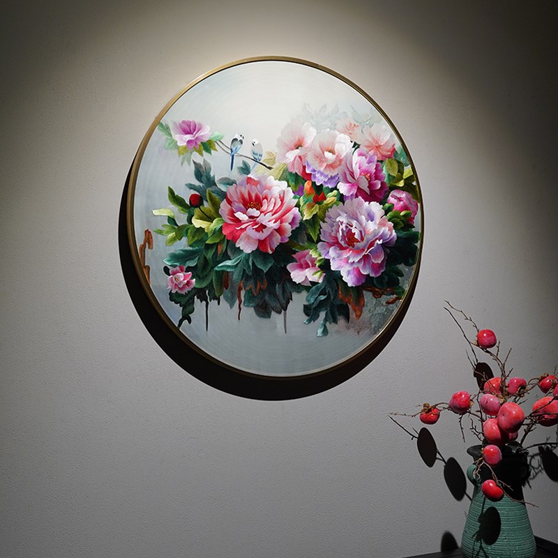 手工苏绣花开富贵进门玄关过道新中式油画风格挂画国花牡丹装饰画图片
