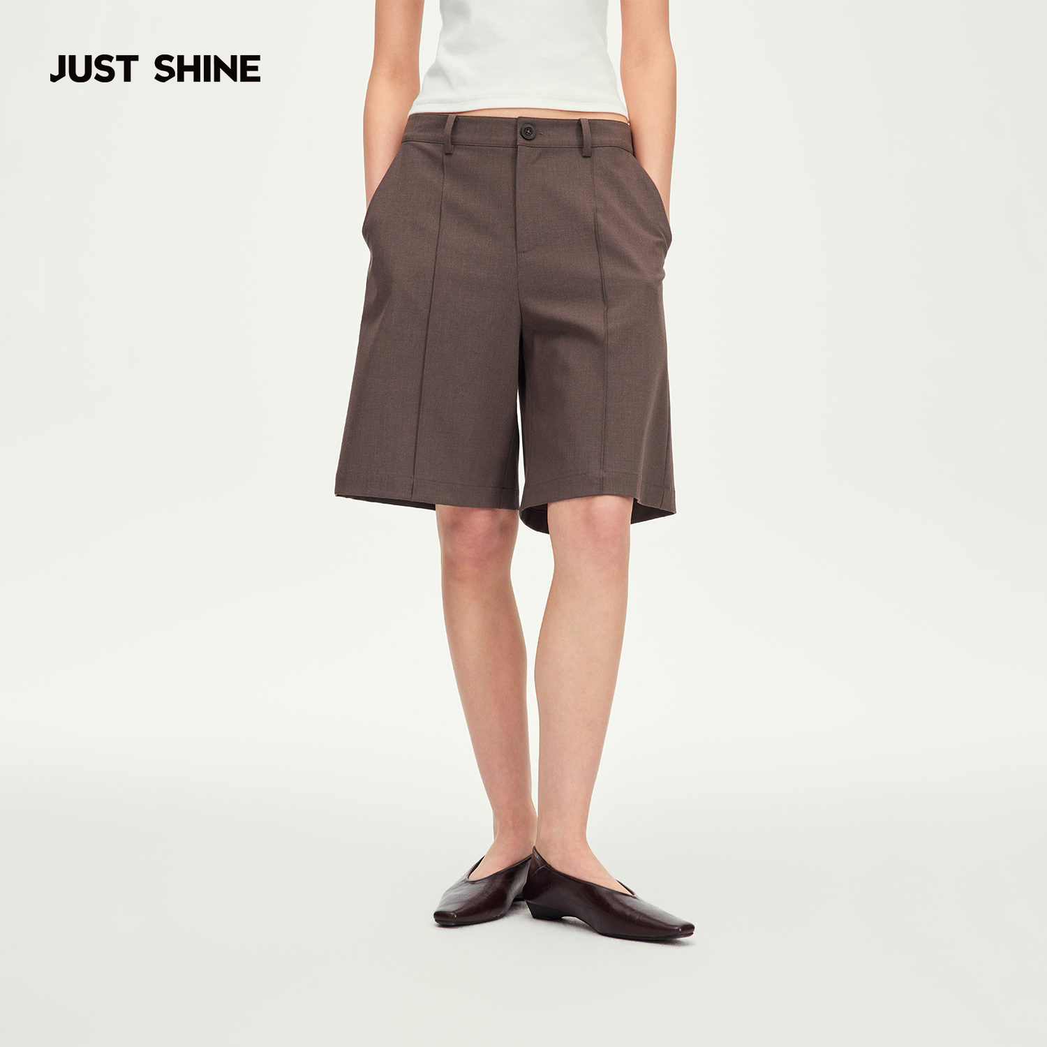 JUST SHINE/时晒休闲简约垂感中裤高腰直筒裤通勤百搭西装短裤
