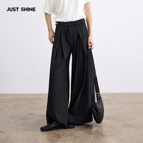JUST SHINE/时晒裤棉麻混纺汉麻苎麻休闲裤设计感褶皱垂感阔腿裤