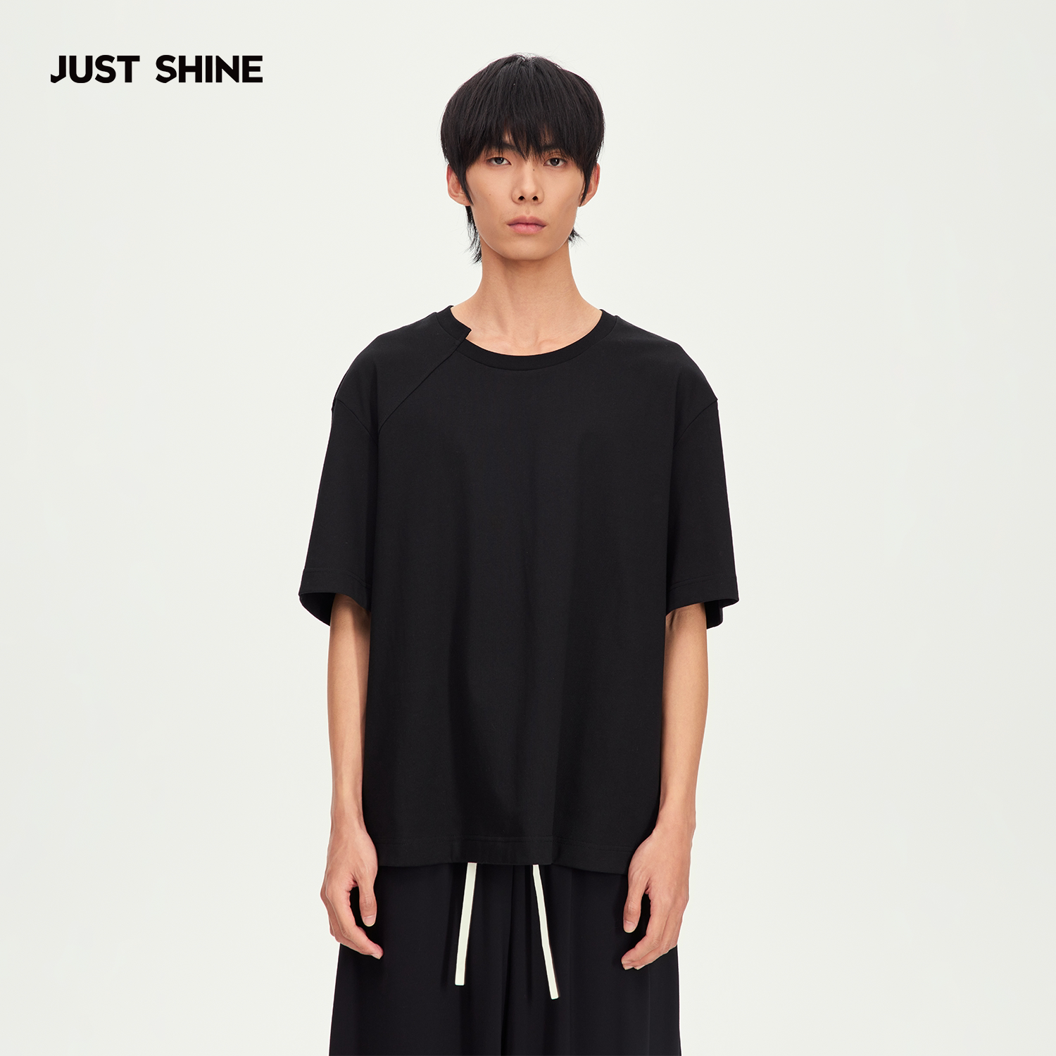 JUST SHINE/时晒新中式小众设计感错落领T恤宽松圆领短袖凉感上衣图片