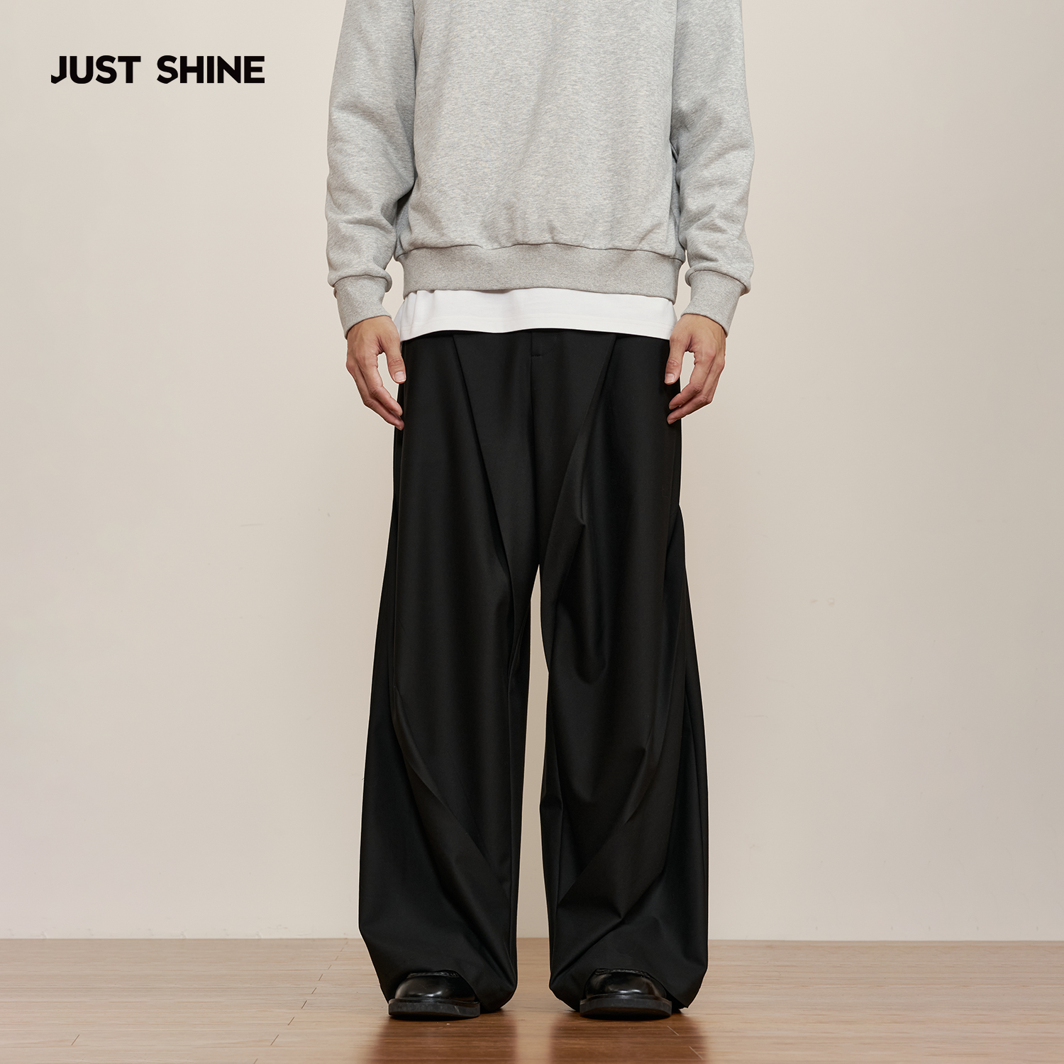 JUST SHINE/时晒高级感黑色阔腿裤剪裁垂坠感小众设计拖地长裤