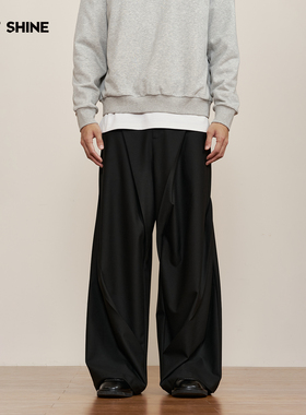 JUST SHINE/时晒高级感黑色阔腿裤剪裁垂坠感小众设计拖地长裤
