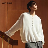 SHINE 亨利领毛织基础T恤衫 宽松春秋季 JUST 慵懒风休闲长袖 上衣