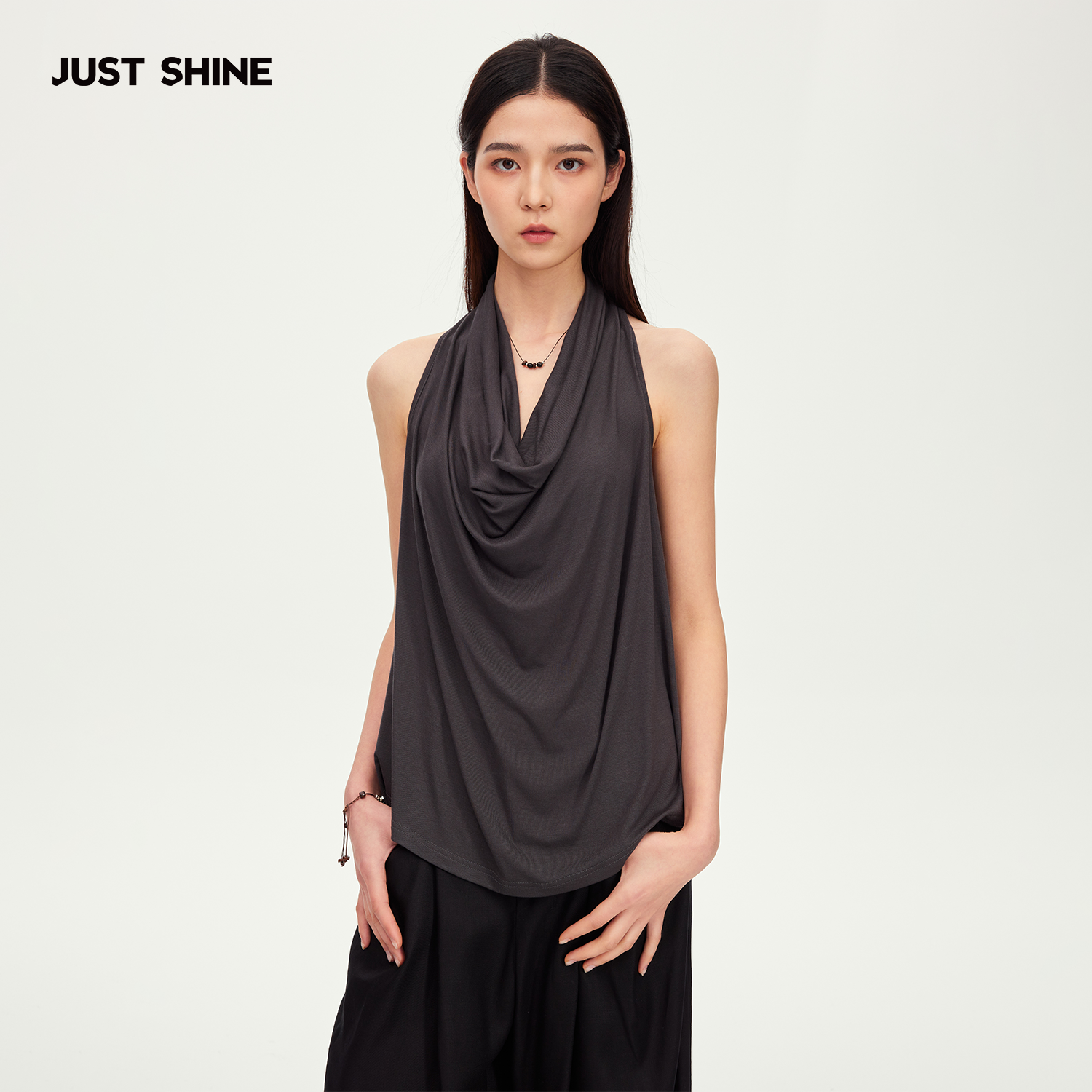 JUST SHINE/时晒挂脖荡领背心女垂感显瘦无袖上衣气质荡领吊带