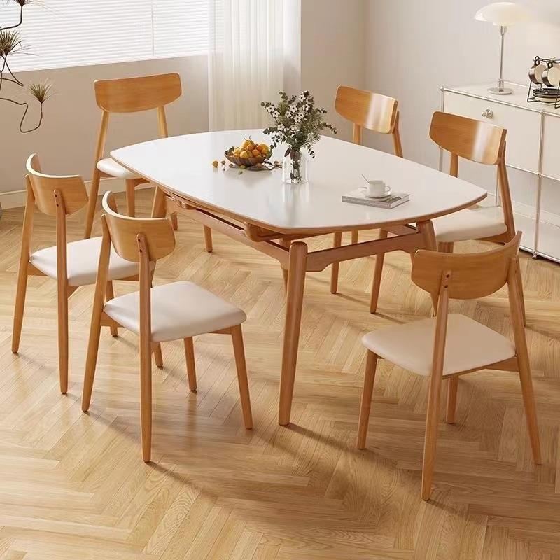 奶油风实木岩板餐桌椅组合现代简约小户型家用可伸缩原木圆形饭桌