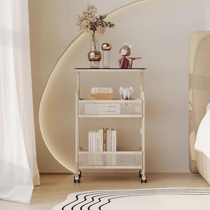 奶油风卧室床头边几可移动客厅创意小推车置物架玻璃沙发收纳边柜