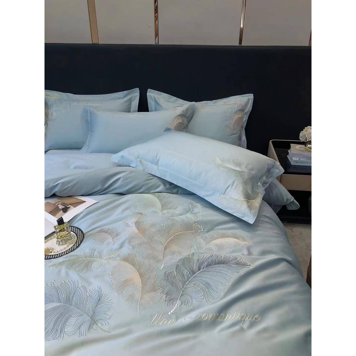 轻奢风A类纯棉高端100支长绒棉四件套贡缎刺绣全棉被套床品家纺