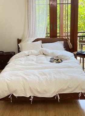 本白色双层纱四件套全棉纯棉A类母婴级棉纱皱皱纱不染色被套裸睡