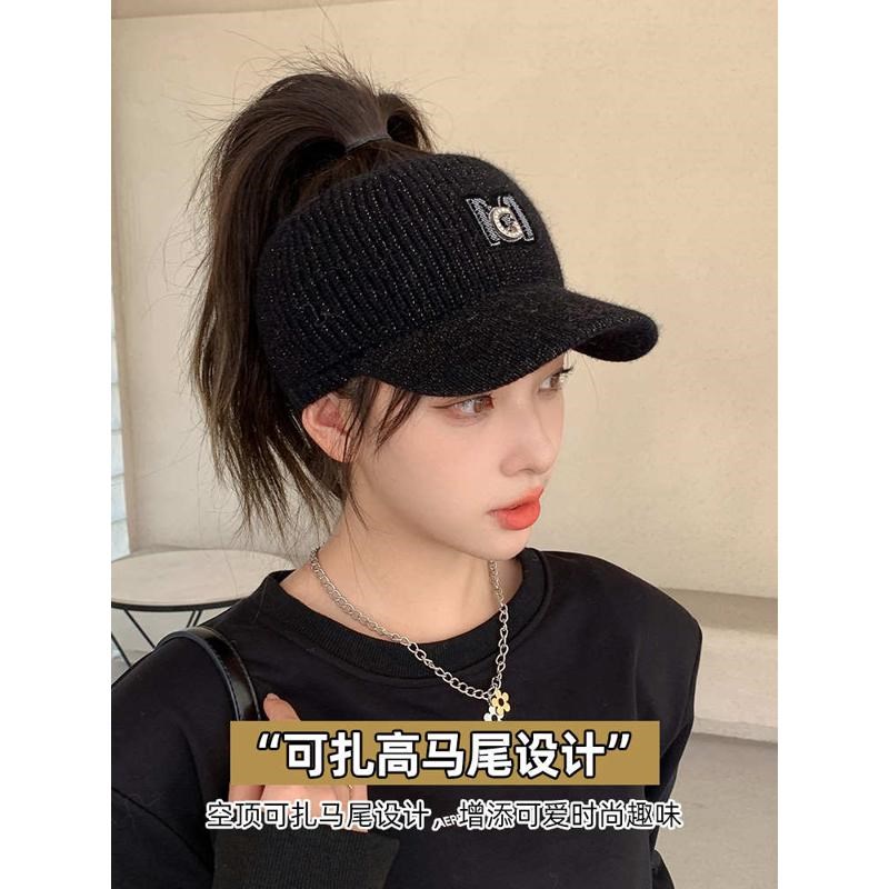 帽子女冬天骑行针织护耳鸭舌帽时尚百搭加绒保暖空顶耳套毛线帽潮
