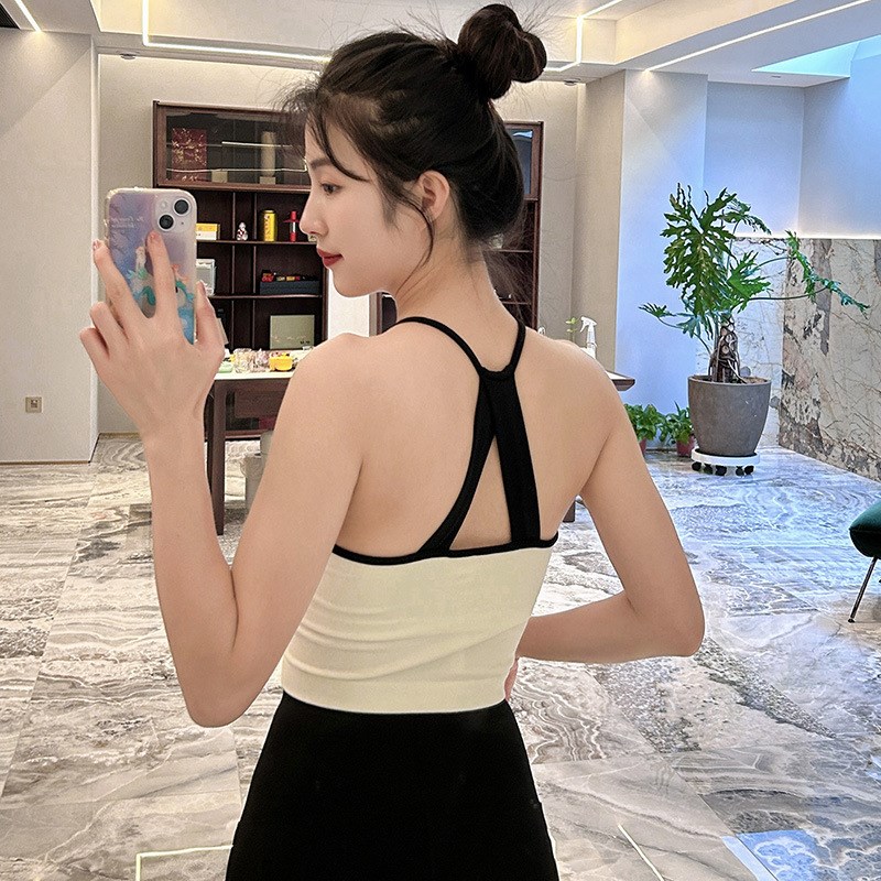 无缝四面弹一体杯性感撞色运动背心女 瑜伽健身跑步美背吊带上衣