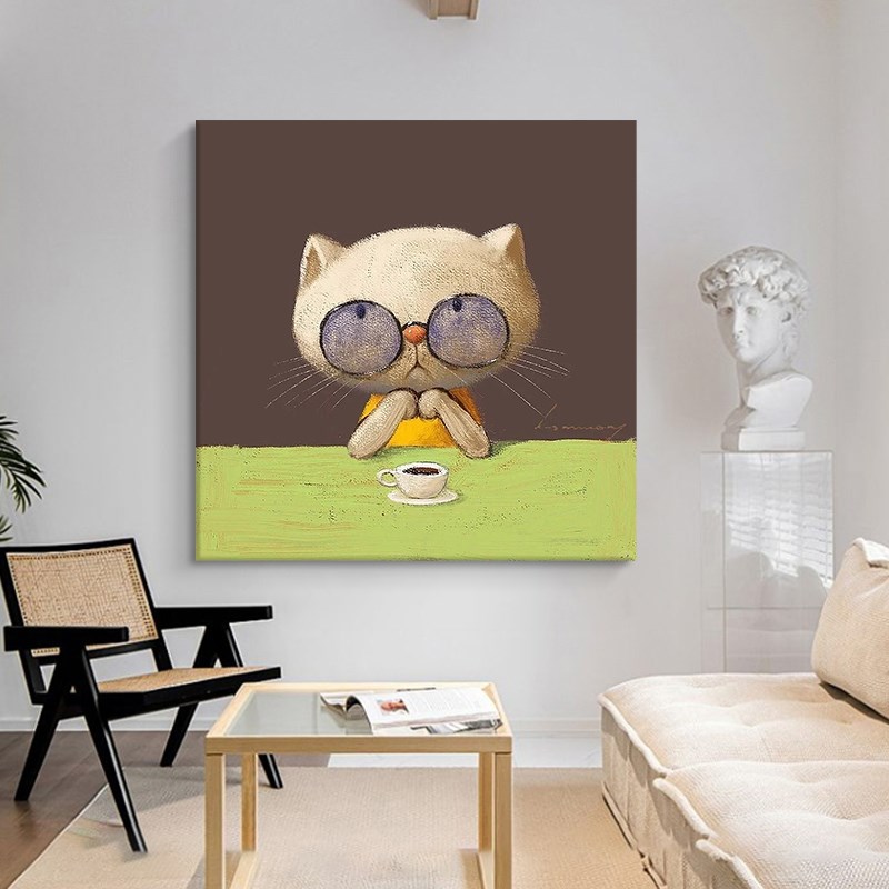 抽象忧郁的猫手绘油画客厅小众艺术装饰壁画玄关儿童房正方形挂画图片