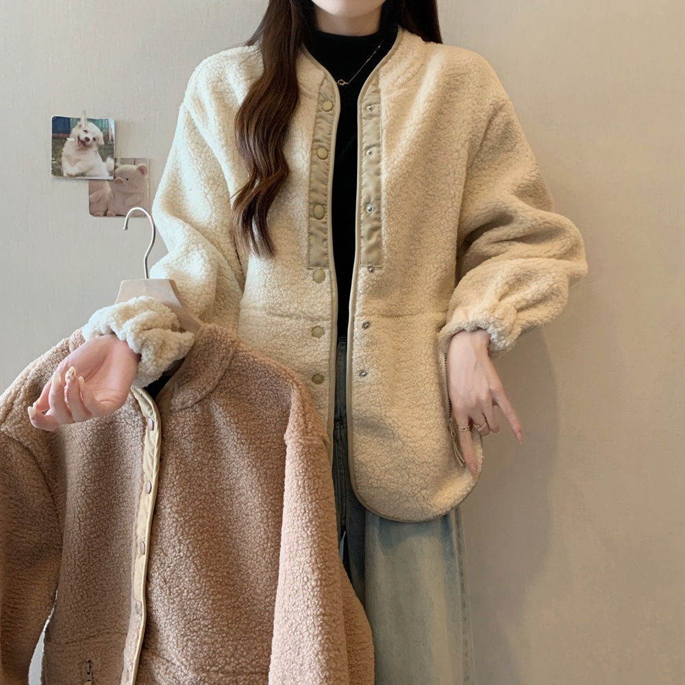 实拍秋冬装新款大码女装加厚立领羊羔毛外套拼色大衣