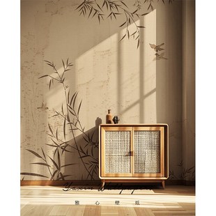 轻奢竹子花鸟壁纸新中式 翠竹无z缝墙纸客厅电视背景墙定制墙布玄