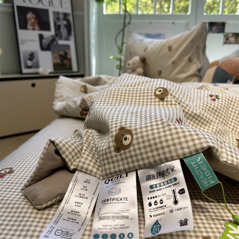 卡通咖色樱d桃熊格子夏凉被四件套夏天薄被单双人空调被可机洗水