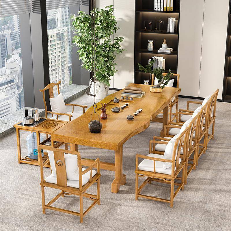 新中式实木多人茶桌办公室会客洽谈原木大板茶桌客厅喝茶桌椅组合