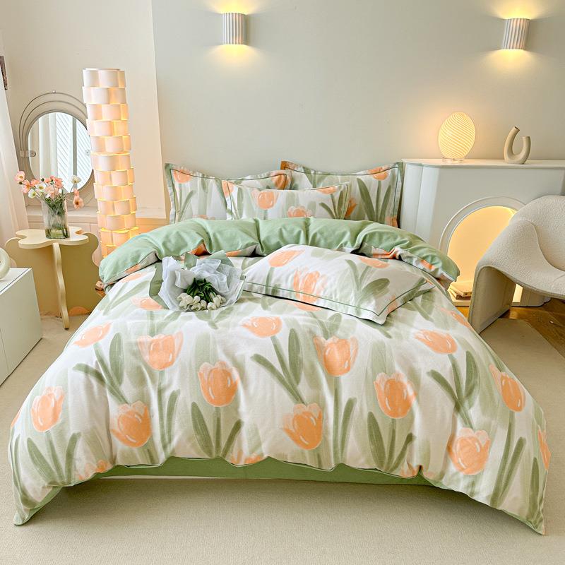 100全棉加厚磨毛四件套纯棉秋冬小清新风被套床单宿舍三件套床笠