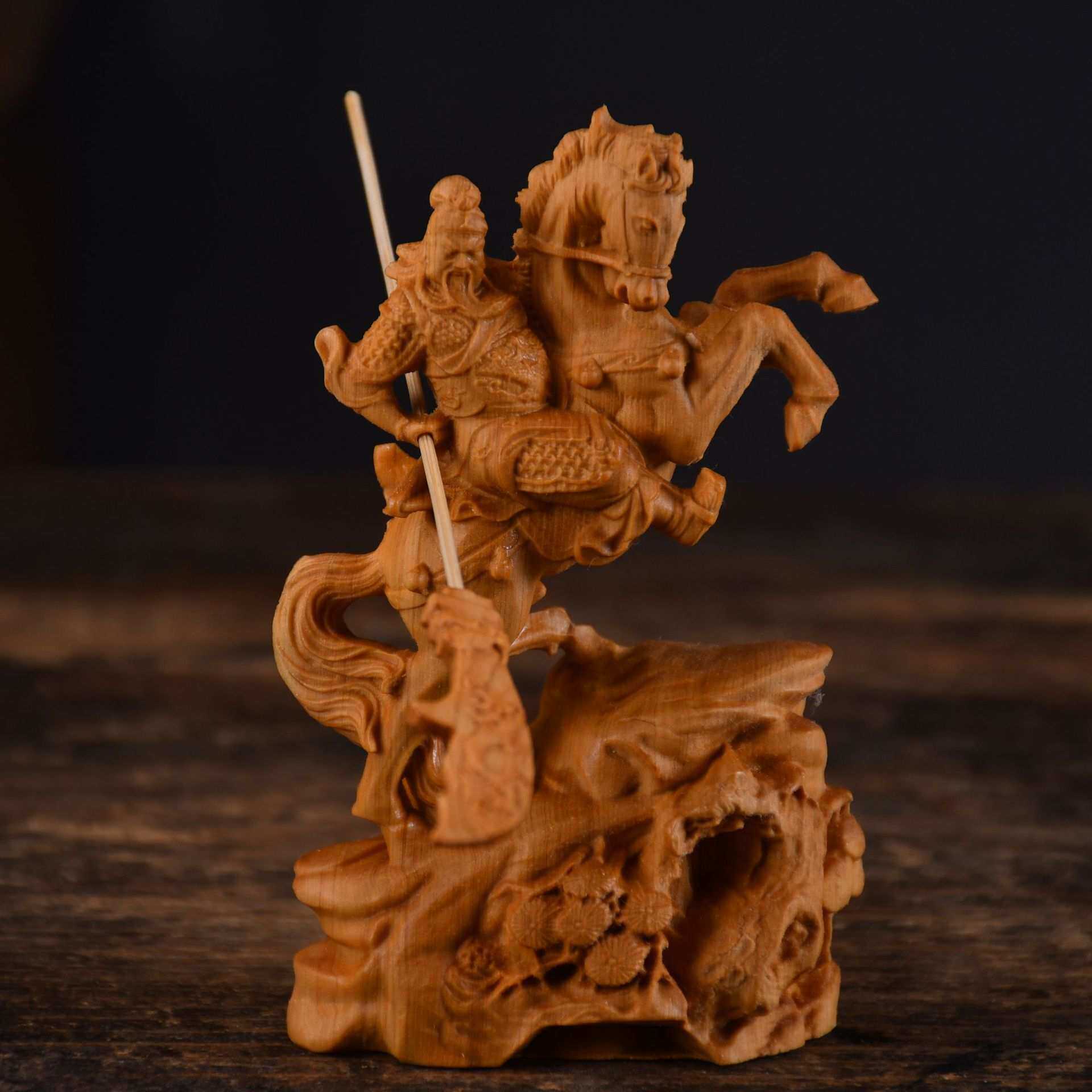 崖柏木雕马上关公摆件武财神关二爷桌面摆饰实木雕刻工艺品 礼