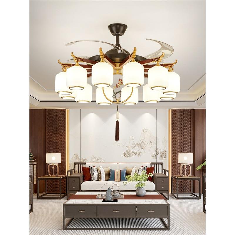 新中式实木吊灯客厅餐厅隐形风扇灯家用别墅实木风扇吊灯2024新款