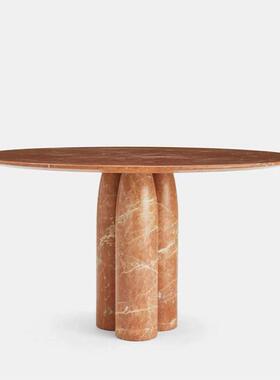北欧天然大理石圆形餐桌创意小户型家用轻奢现代简约红色石材圆桌