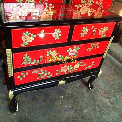 推光漆器玄关柜实木手工彩绘新中式古典漆画做旧装饰柜子客厅家具