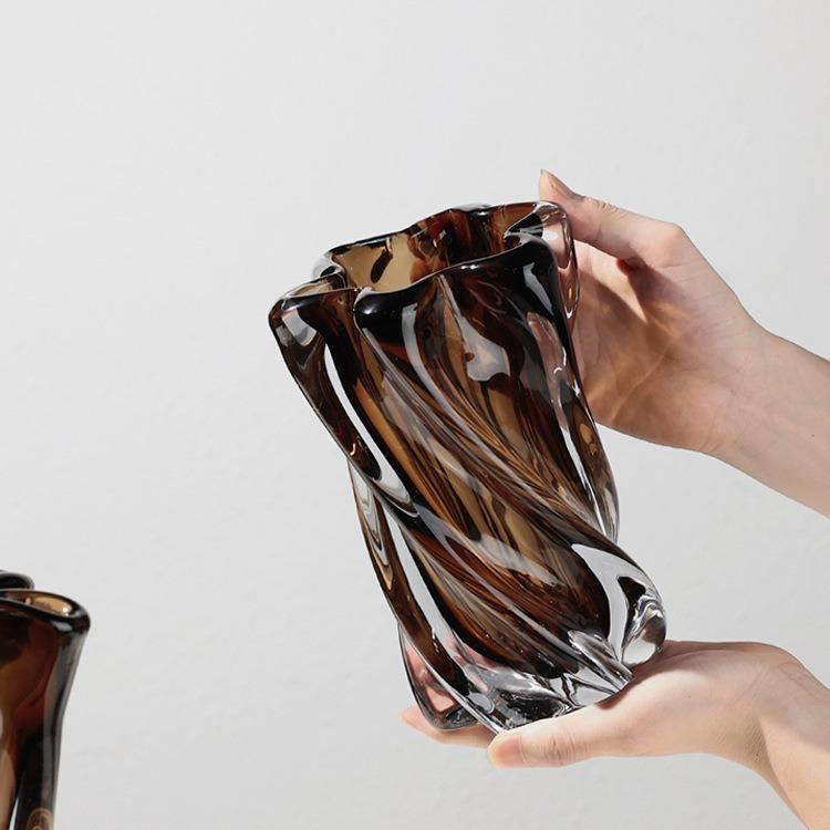 欣可现代高端茶色玻璃花瓶插花客厅餐桌吧台氛围感软装饰摆件家居