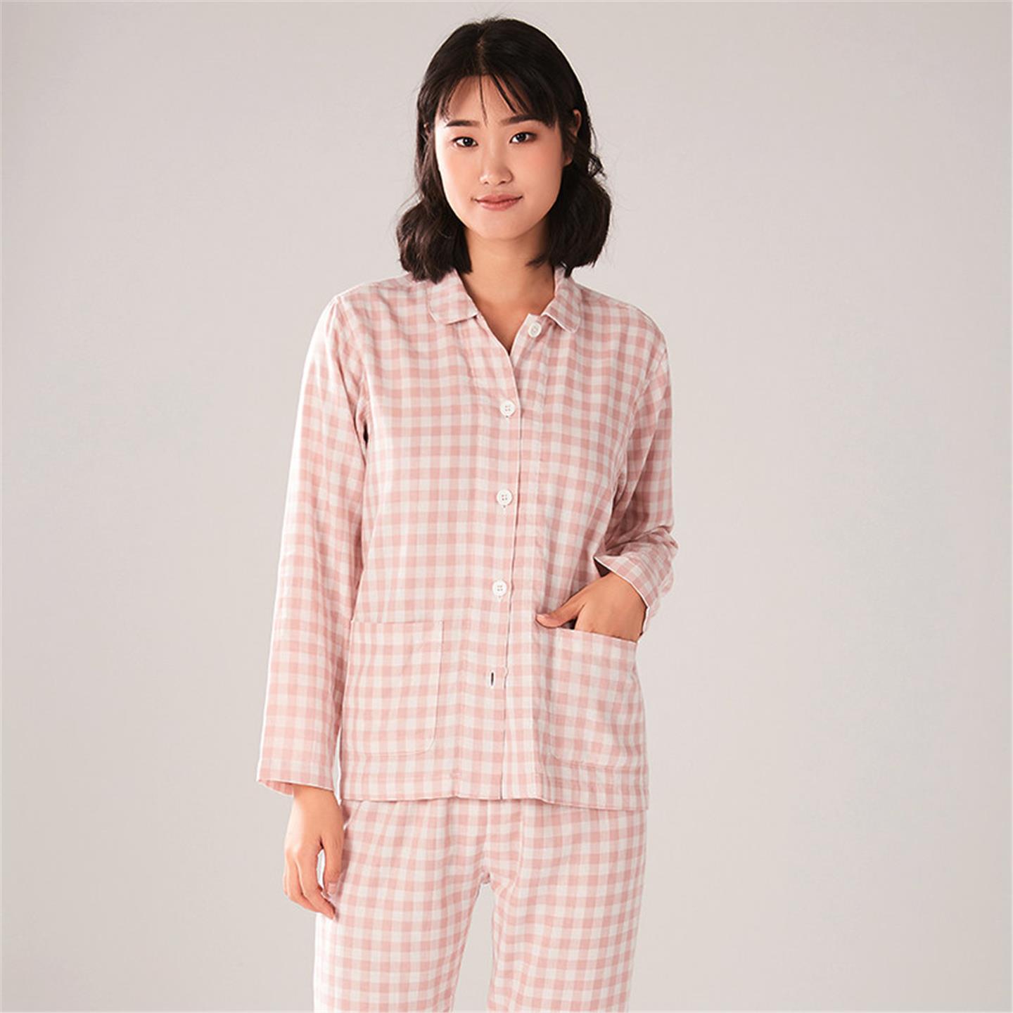 无印良品纯棉双层纱情侣格子家居服套装全棉波点良品长袖