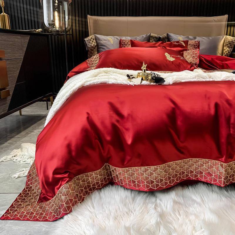 高端法式120支高精密长绒棉四件套纯棉被套全棉结婚庆床单贡缎