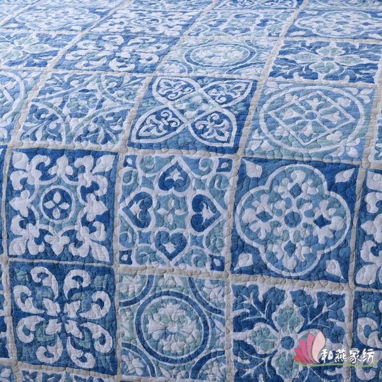 跨境亚马逊床上用品绗缝被全棉床盖三件套水洗仿拼印花床盖厂家
