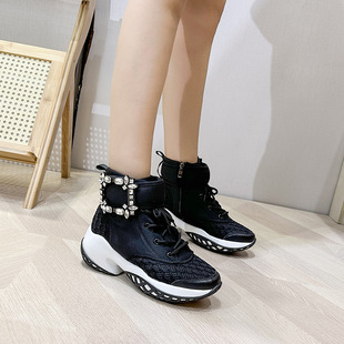 眼泪女王金智媛同款老爹鞋厚底增高圆头小白鞋RV方扣水钻运动鞋女