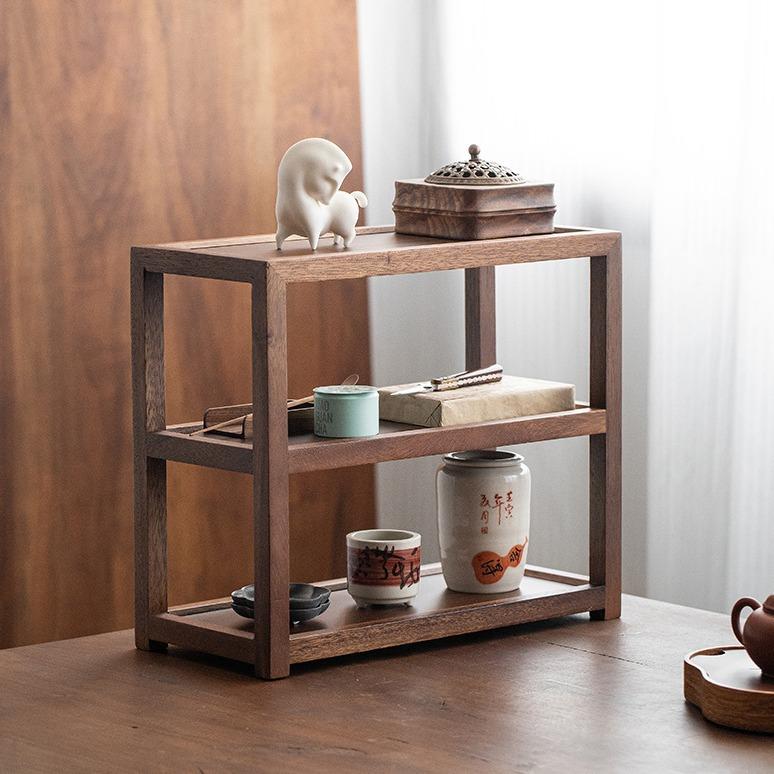 胡桃木茶具收纳架实木多层置物架桌面客厅装饰博古架简约茶壶摆件