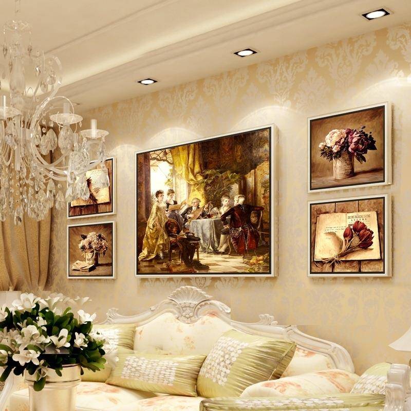 客厅沙发背景挂画五福装饰画人物花卉油画组合壁画欧式
