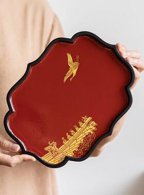 竹制托盘红色小茶盘中式干泡盘国风茶奉圆形仿大漆壶承结婚敬茶盘