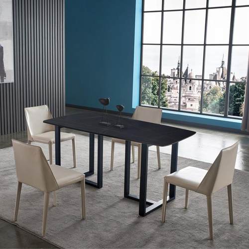 现代轻简岩板餐桌北欧家用黑色餐桌椅组合一桌六椅铁艺餐桌