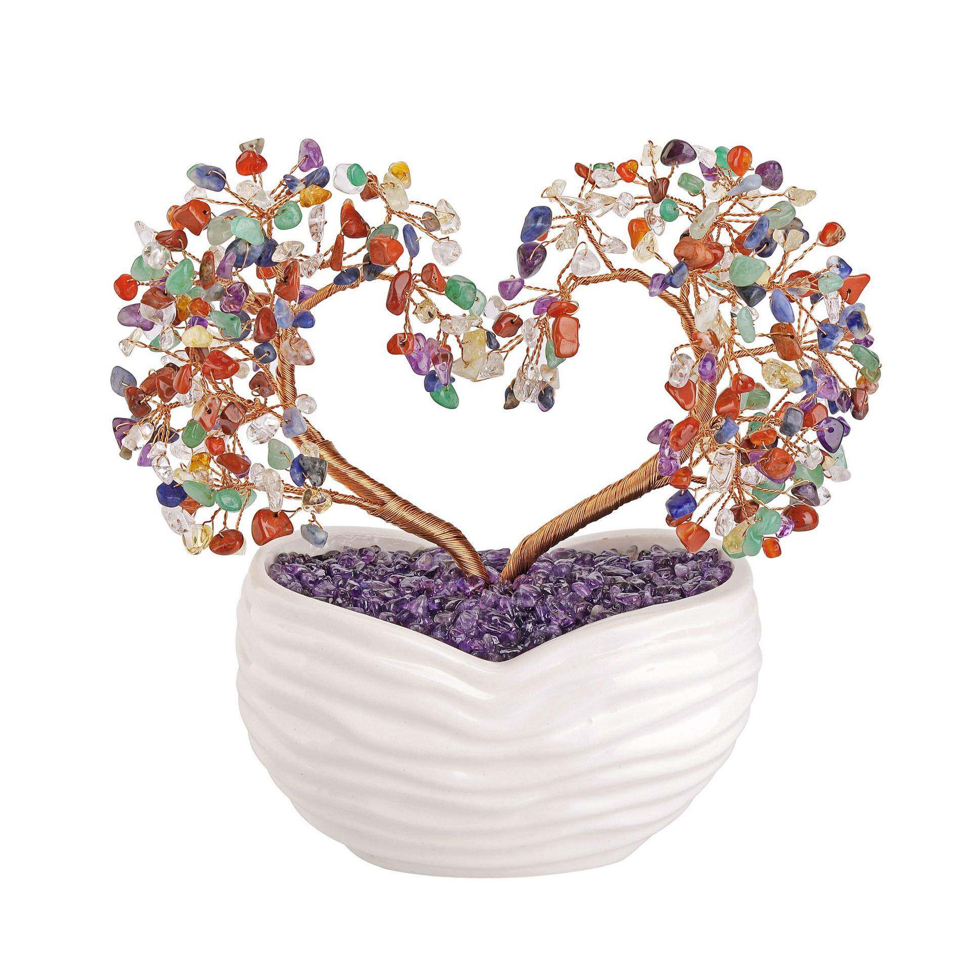 玫瑰金石头碎石绕线枝心形双生树陶瓷底座小树摆件七色碎石树