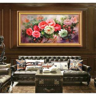 新中式玄关装饰画入户走廊纯手绘油画立体牡丹花客厅横版书房挂画