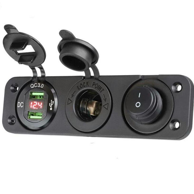 三合一3.0双USB快充组合面板数字电压表12V电源母座控制开关
