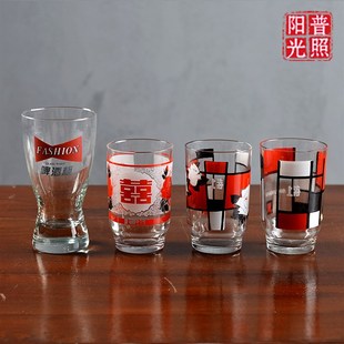 80年代b90年代天津上海 印花怀旧老物件茶杯啤酒杯水杯杯子 玻璃