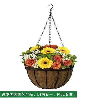 美式乡村风格垂吊式圆形椰棕花篮 可直接种植物卷铁艺装饰花篮