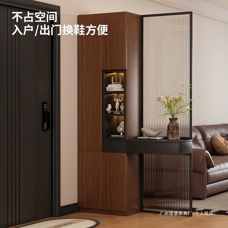 实木质中古风入户客厅隔断玄关柜鞋柜一体组合对门屏风收纳储物柜