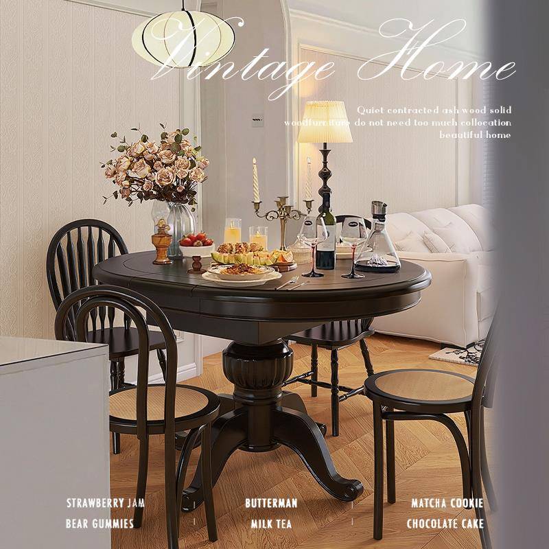 法式复古实木餐桌家用伸缩折叠可变圆桌美式黑色小户型中古风饭桌