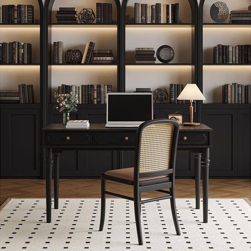 法式彷古实木黑色书桌别墅简约办公桌美式乡村覆古书桌椅组合定制