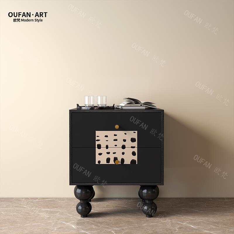 现代简约百搭黑色中古小型实木床头柜卧室家用储物柜斗柜抽屉柜子