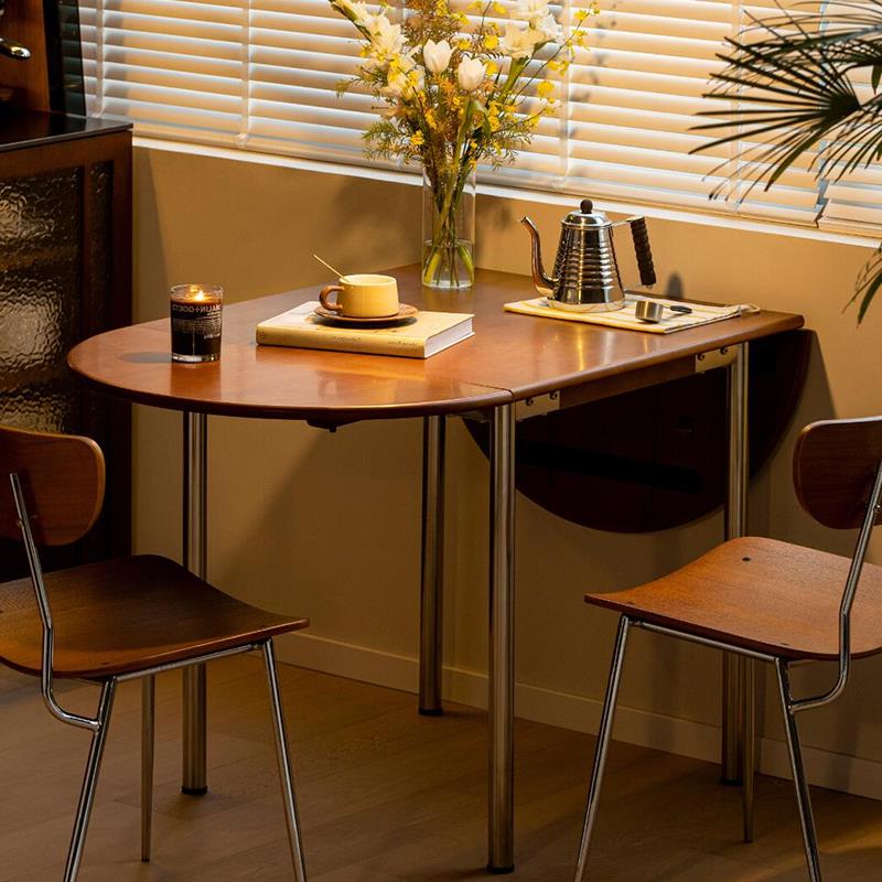 日式实木折叠餐桌中复古风长方形家用咖啡小户型伸缩茶书圆桌椅子