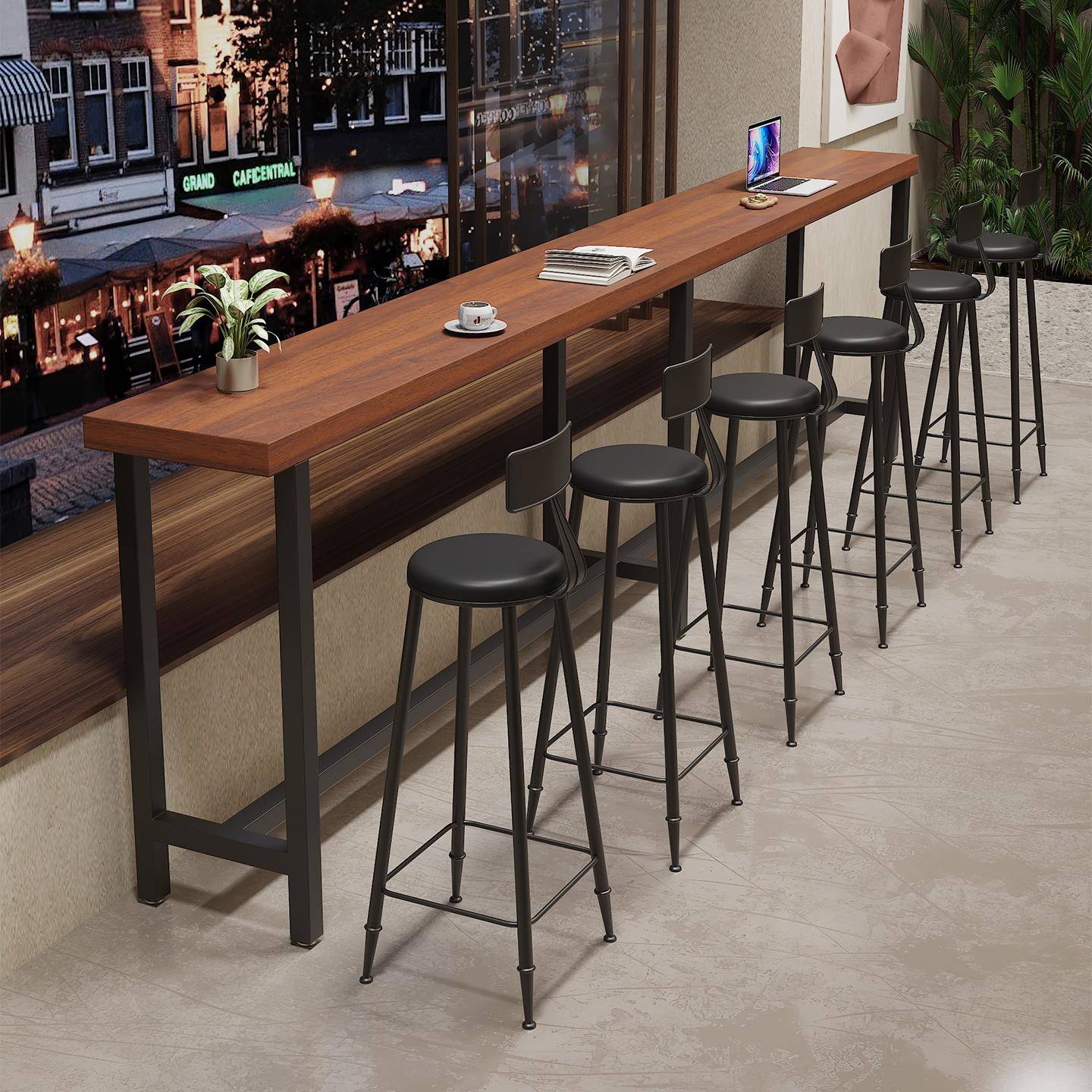 铁艺吧台桌椅组合商用实木酒吧奶茶店长条高脚家用窗边靠墙窄桌子