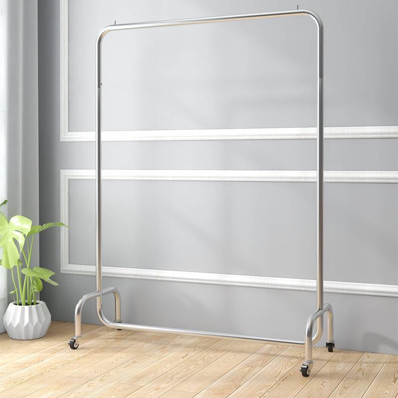 服装店挂衣杆不锈钢展示架上墙拉丝男女装落地式移动衣服架子带轮